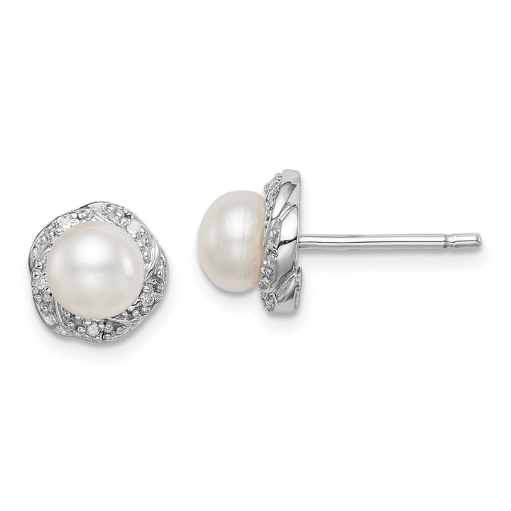 Sterling Silver Rhodium FW Cultured Pearl & Diamond Post Earrings QDX324