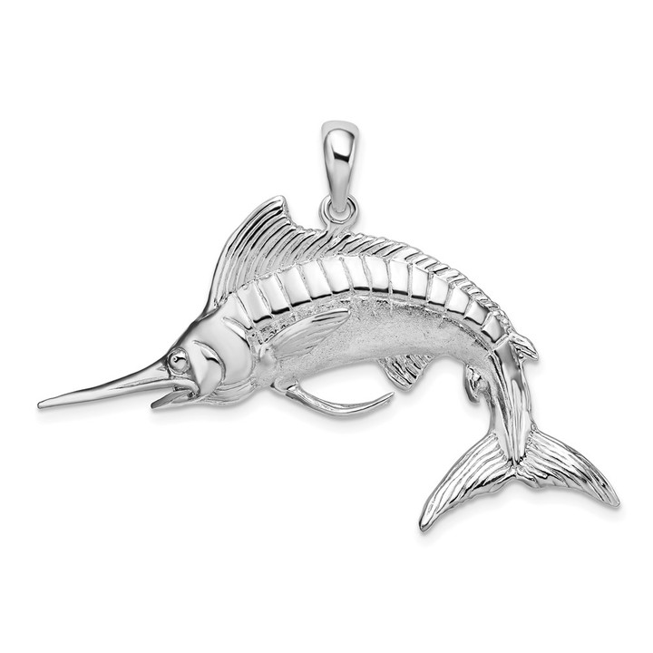 De-Ani Sterling Silver Rhodium-Plated Polished and Satin 3D White Marlin Pendant QC10145