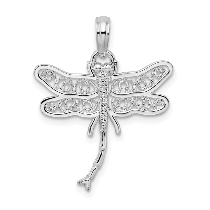 De-Ani Sterling Silver Rhodium-Plated Polished Filigree Wing Dragonfly Pendant QC10043