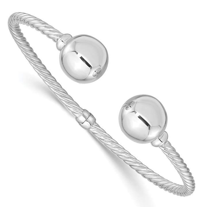 Sterling Silver Rhodium-Plated Twist & Beaded End Hinged Cuff Bangle QB1406