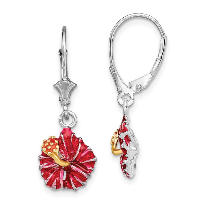 De-Ani Sterling Silver Rhodium-Plated Enameled Red Hibiscus Leverback Earrings QE15533
