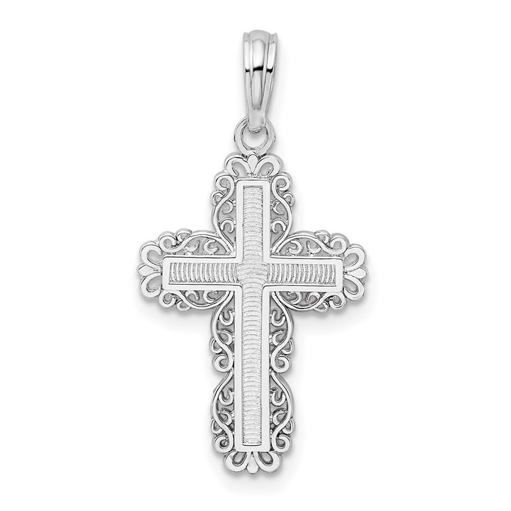 De-Ani Sterling Silver Rhodium-Plated Polished Lace Border Latin Cross Pendant QC10479