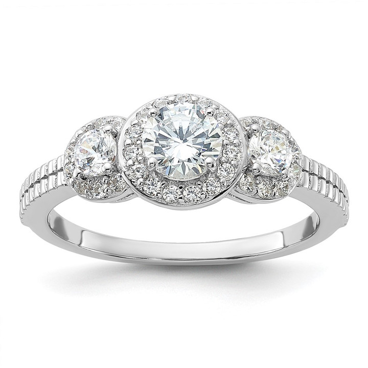 Cheryl M Sterling Silver Rhodium-plated Brilliant-cut CZ 3-Stone Halo with Textured Side Ring QCM1656-7