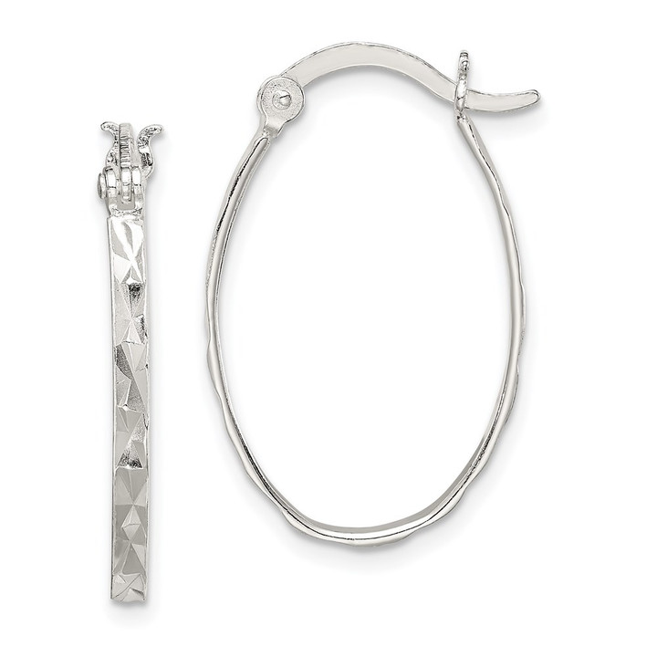 Sterling Silver Rhod-plated Polished/Textured 2mm Oval Hoop Earrings QE6605