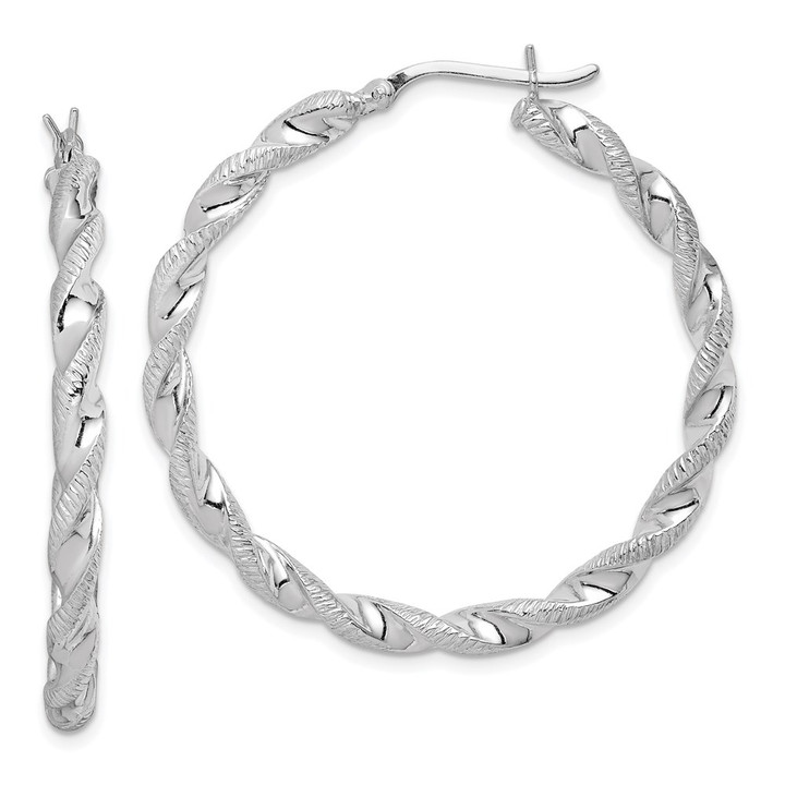 Sterling Silver Rhodium Plated Twisted 3.5x40mm Hoop Earrings QE6754