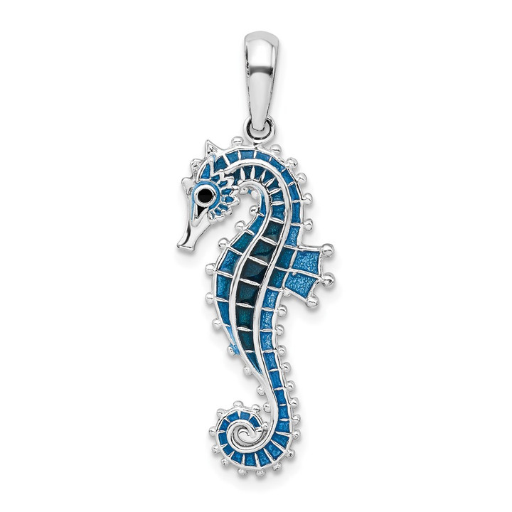 De-Ani Sterling Silver Rhodium-Plated Polished 3D Enameled Blue Seahorse Pendant QC10630