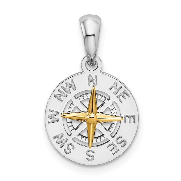 De-Ani Sterling Silver Rhodium-Plated Polished Mini Compass with 14k Needle Pendant QC10911G
