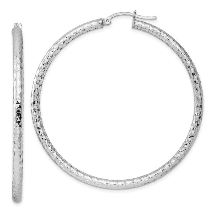 Sterling Silver Rhodium-plated 3.00mm Diamond Cut Hoop Earrings QE4482