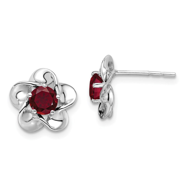 Sterling Silver Rhodium-plated Floral Created Ruby Post Earrings QBE31JUL