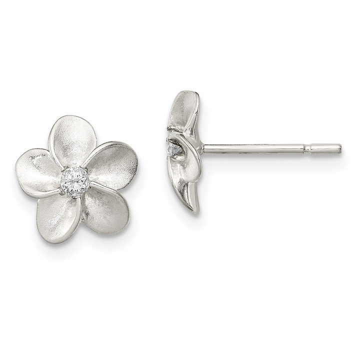 Sterling Silver Polished & Satin CZ Flower Post Earrings QE8633