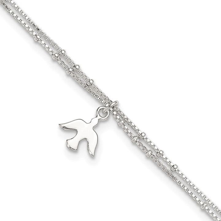 Sterling Silver Polished 2-Strand Dove 9in Plus1in Ext Anklet QG4213-9