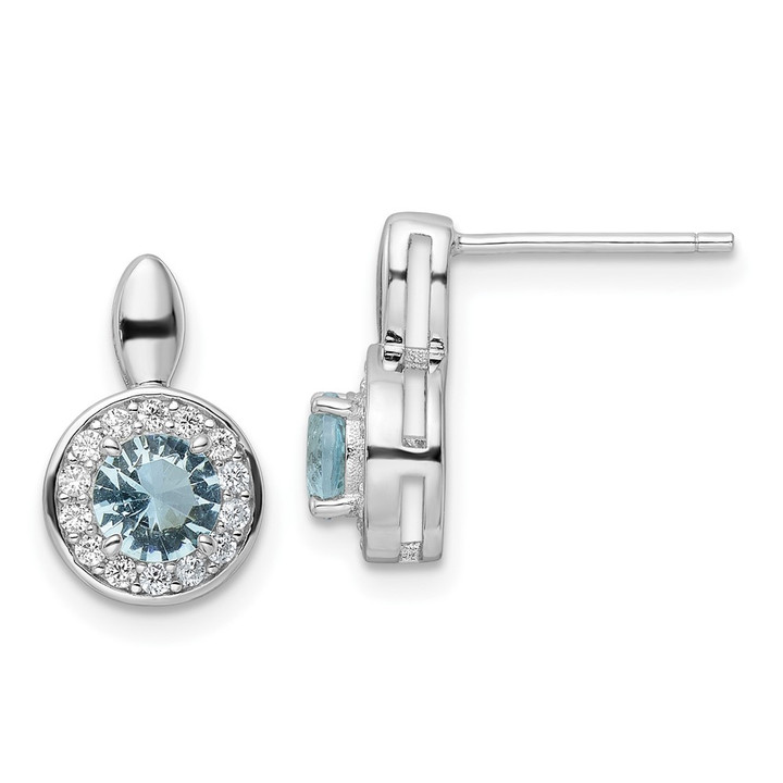 Sterling Silver Rhodium-plated CZ Light Blue Glass Stone Dangle Post Earrin QE15754