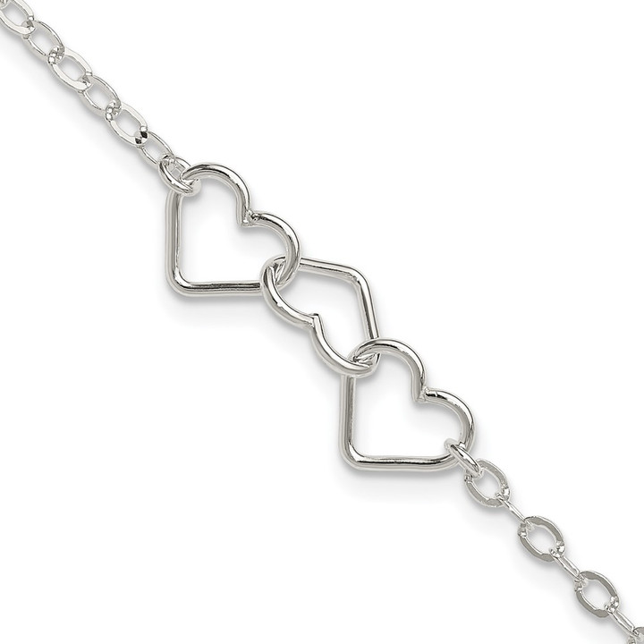 Sterling Silver 10inch Solid Polished Fancy Heart Link Anklet QG1255-10