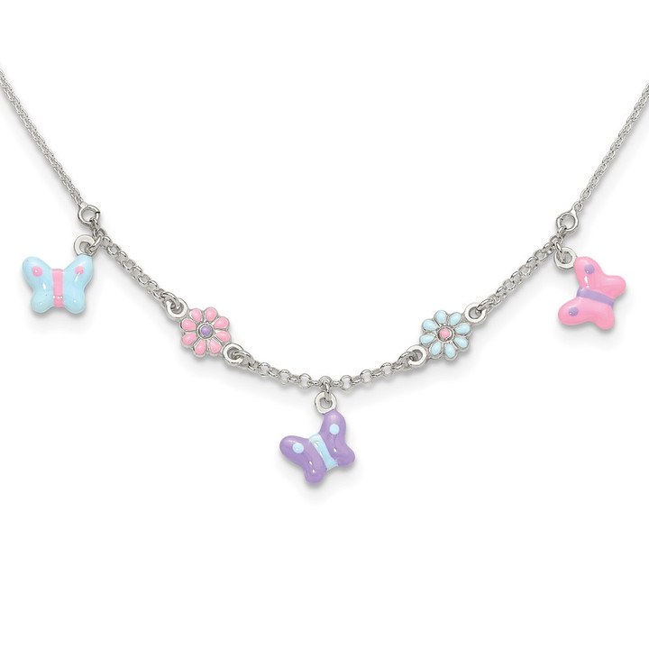 Sterling Silver Polished Enameled Floral & Butterfly Children's Necklace QG4660-14