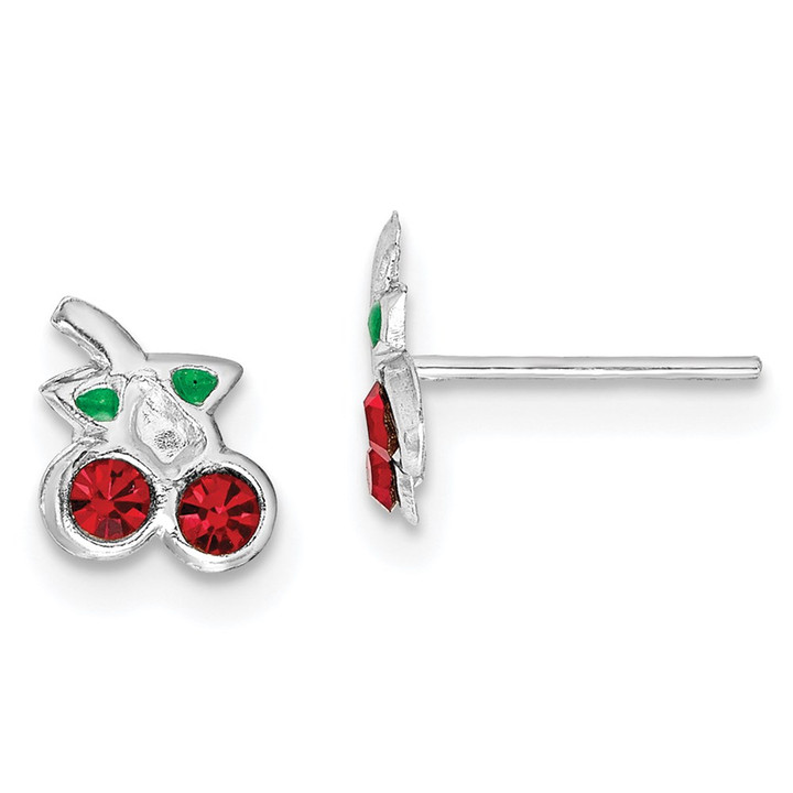 Sterling Silver Rhodium-plated Polished Red & Green Crystal Cherries Children's Post Earrings QE14337