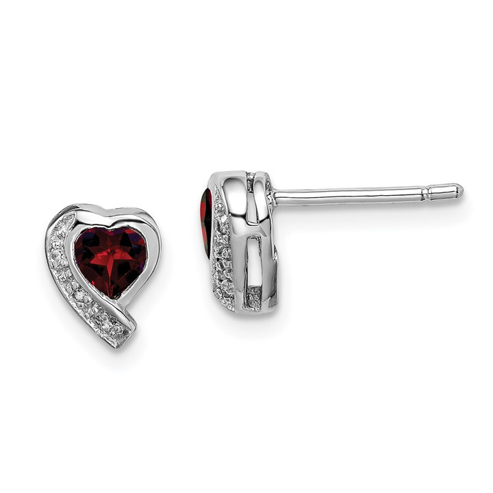 Sterling Silver Rhodium-plated Garnet and Diamond Heart Earrings QE12618GA
