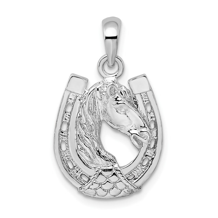 De-Ani Sterling Silver Rhodium-Plated Polished Horse Head in Horseshoe Pendant QC10272