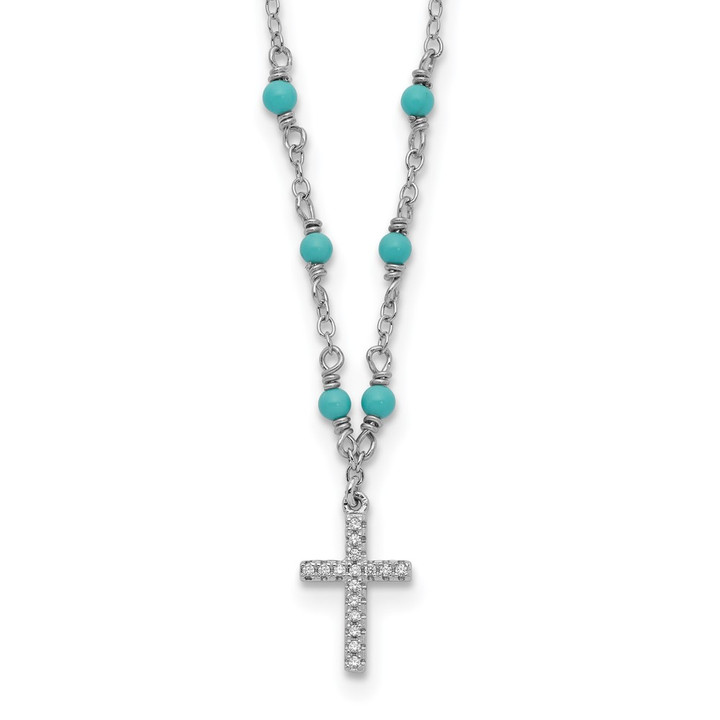Sterling Silver RH-plated CZ Cross Synth. Turquoise 2in ext Necklace QG5179-16