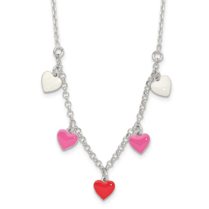 Sterling Silver Polished Pink/Red/White Enamel Heart Children's Necklace QG4082-14