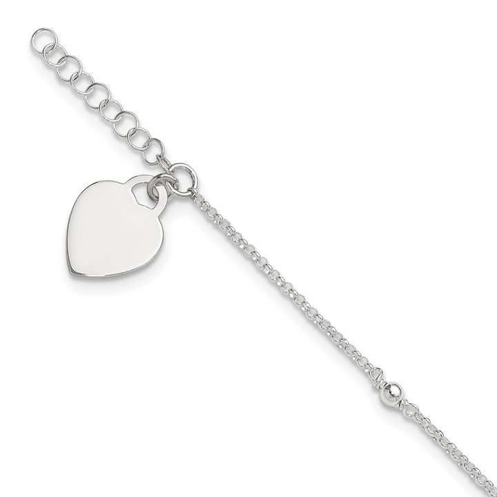 Sterling Silver Polished Bead and Heart 9in Plus 1in Ext. Anklet QG3174-9