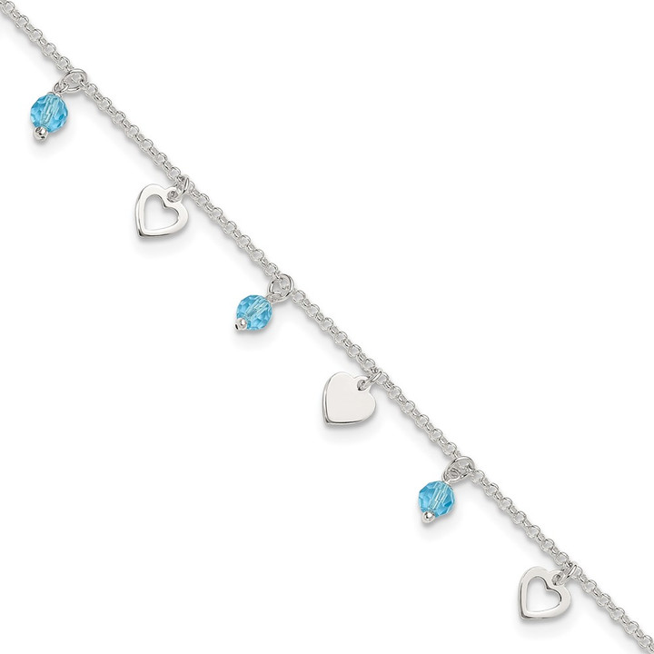 Sterling Silver 9 inch Heart and Blue Glass Plus1in ext. Anklet QG3149-9