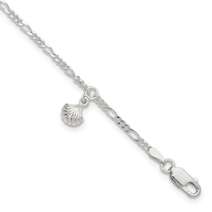 Sterling Silver Polished Shell 9in Plus 1in Ext. Anklet QG3160-9