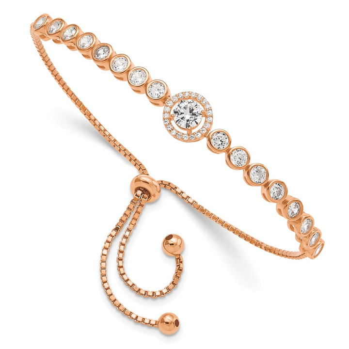 Sterling Silver Rose-tone Bezel Set CZ & CZ Halo Adjustable Bracelet QG5947