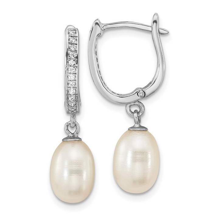 Sterling Silver Rhod-plated CZ 7 to 8mm Rice FWC Pearl Hoop Dangle Earring QE16365