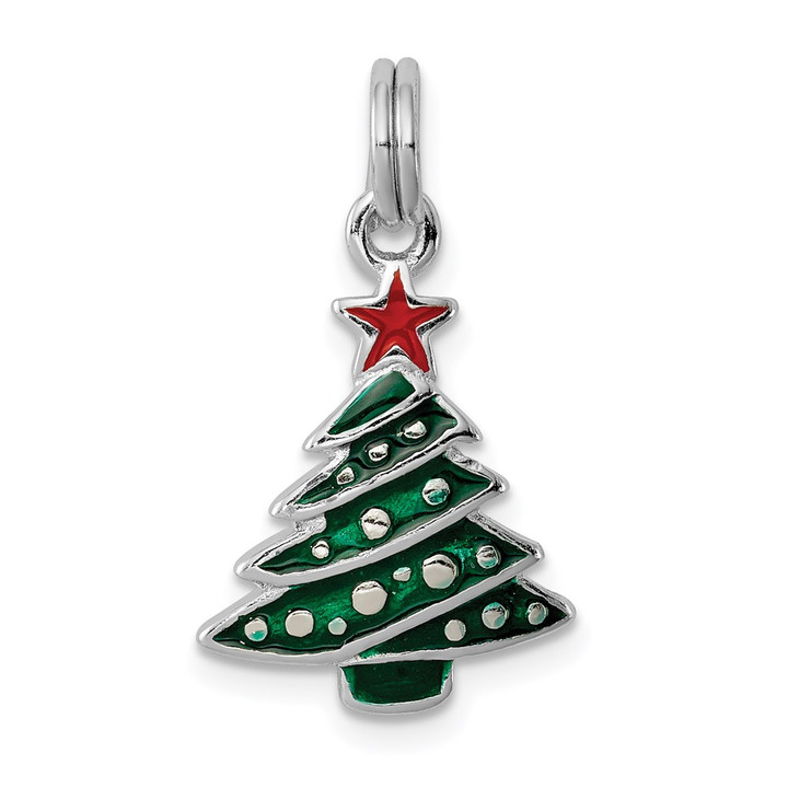 Sterling Silver Rhodium-platedEnamel Christmas Tree Charm QC6064