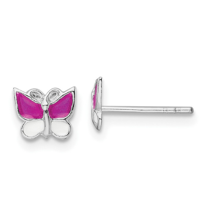 Sterling Silver Rhodium-plated Polished Pink & White Enameled Butterfly Children's Post Earrings QE16626