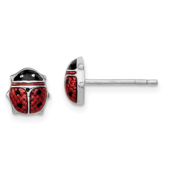 Sterling Silver Rhodium Polished Enameled Lady Bug Post Earrings QE9590