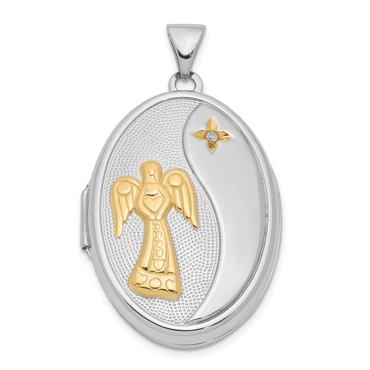 Sterling Silver RH-pltd w/Yellow Rhod Dia God Bless Angel Family Locket QLS902