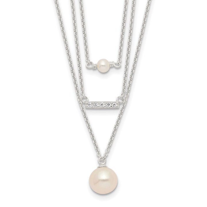Sterling Silver Rhodium-plated Multi Strand CZ and Glass Pearl Necklace QH5665-18