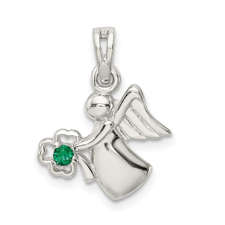 Sterling Silver Rhodium-plated Green Clover Crystal Angel Pendant QC9249