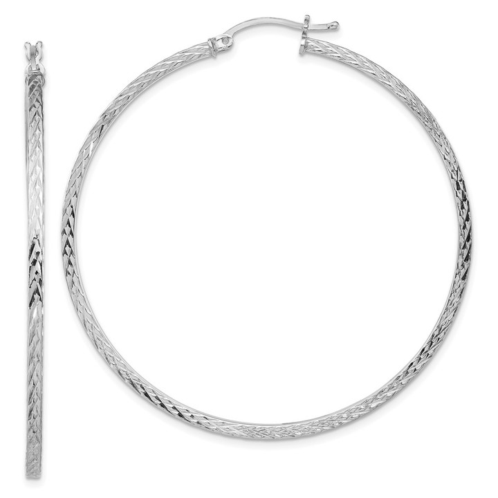 Sterling Silver Rhodium-plated Diamond-cut 2x55mm Square Tube Hoop Earrings QE8119