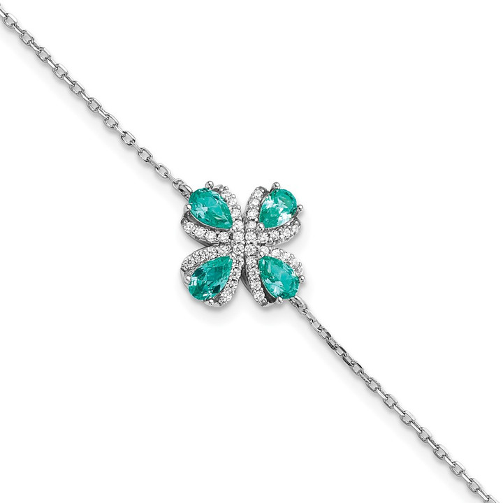 Sterling Silver Rhodium plated Teal & White CZ w/1IN EXT Bracelet QG6215-7