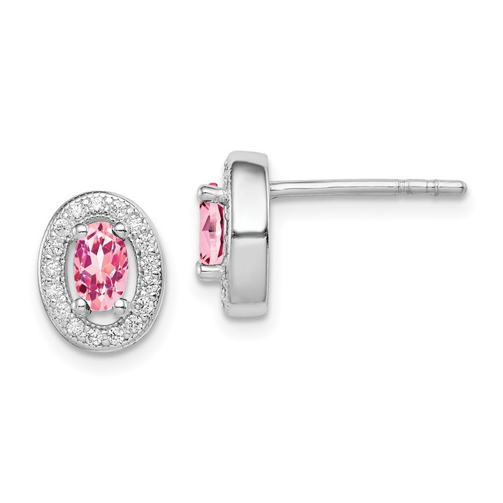 Sterling Silver Rhod-plated Pink and White CZ Oval Stud Earrings QE12562