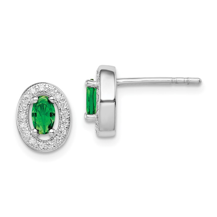 Sterling Silver Rhod-plated w/ Green and White CZ Oval Stud Earrings QE12557
