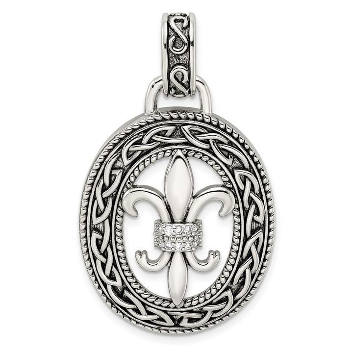 Sterling Silver CZ Antiqued Filigree Fleur de Lis Pendant QP5016