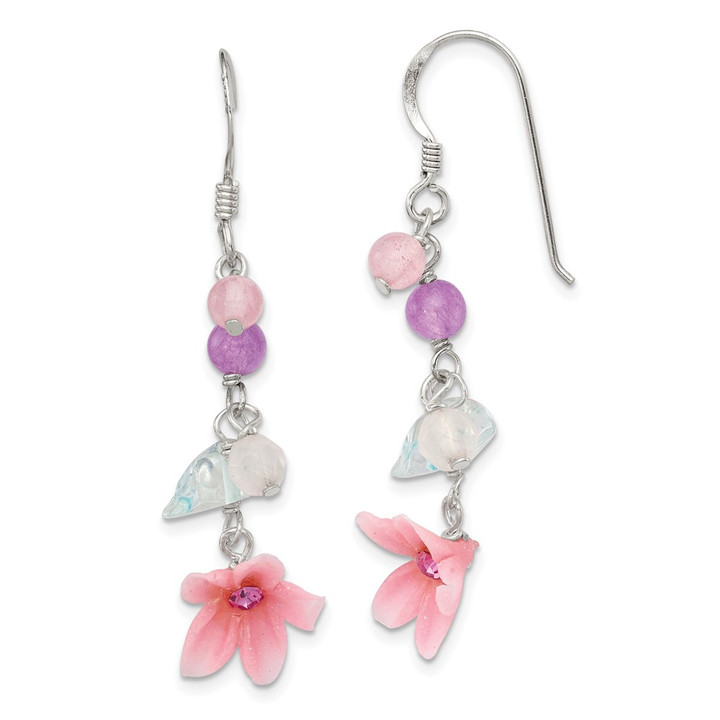 Sterling Silver Polished Amethyst, Agate, Blue Topaz, Pink CZ & Resin Flower Dangle Earrings QE1306