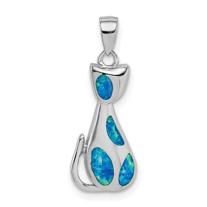 Sterling Silver Rhodium-plated Cat w/Created Opal Accents Pendant QP5127
