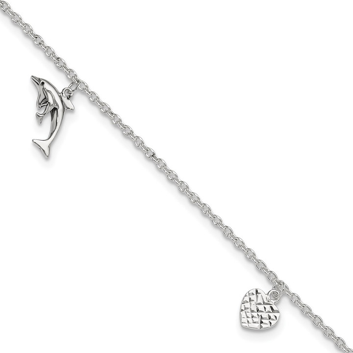 Sterling Silver Polished Heart, Star and Dolphin 9in Plus 1in Ext. Anklet QG2788-9