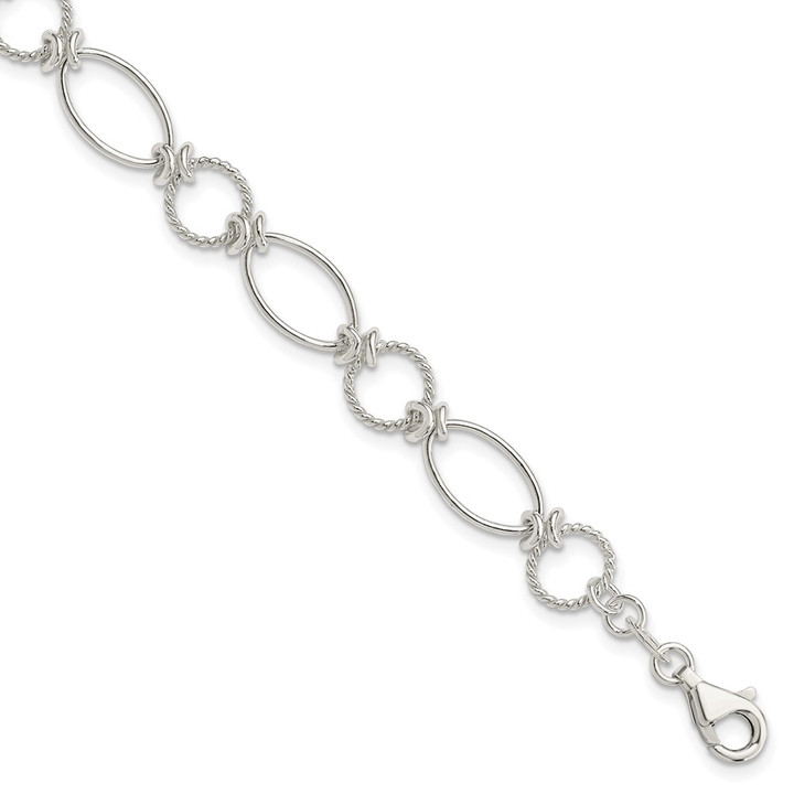 Sterling Silver Polished Textured Fancy Circle and Oval Link Bracelet QG3059-7.5