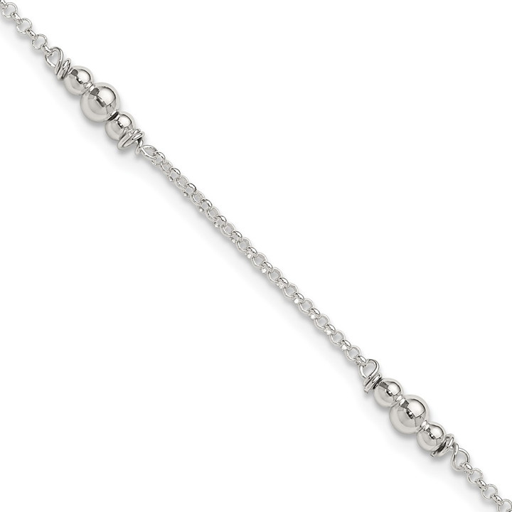 Sterling Silver Polished Bead 9in Plus 1in ext. Anklet QG3136-9