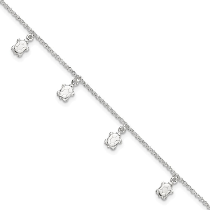 Sterling Silver Polished Turtle 9in Plus 1in Ext. Anklet QG3166-9