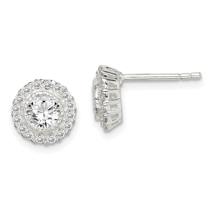 Sterling Silver Polished & Textured CZ Halo Round Post Earrings QE14579