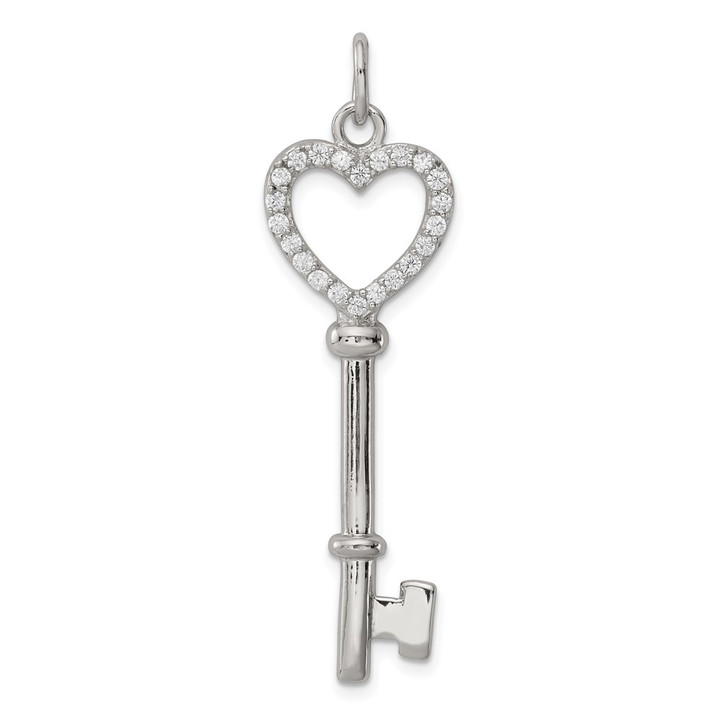 Sterling Silver Rhodium-plated CZ Heart Key Pendant QP1550