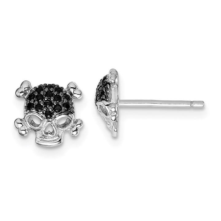 Sterling Silver Rhodium-plated Black CZ Skull Post Earrings QE15061