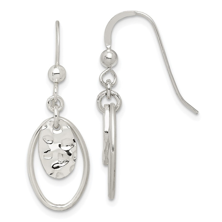 Sterling Silver Polished & Hammered Oval Dangle Earrings QE14698