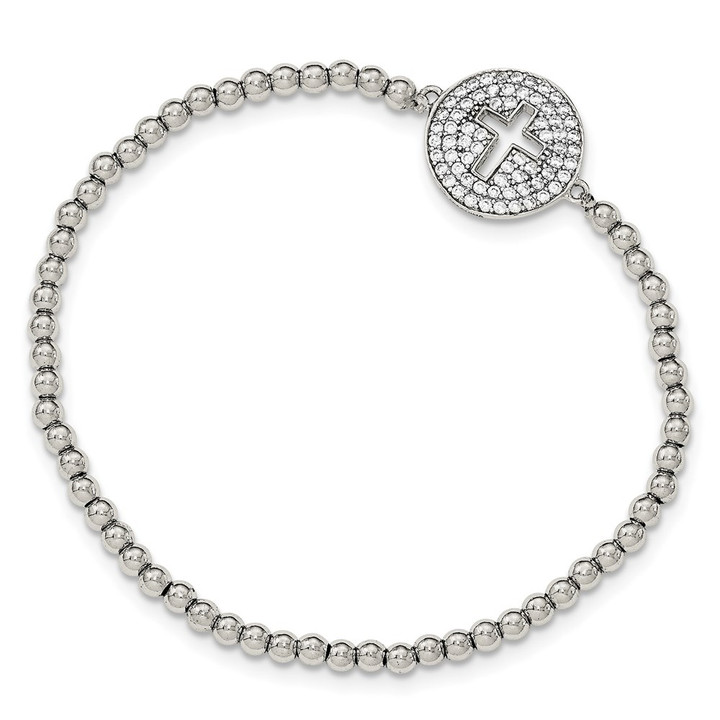 Sterling Silver Rhodium-plated CZ Cross Polished Beaded Stretch Bracelet QG3912